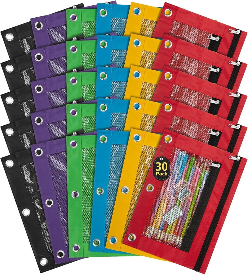 IKAYAS 30 Pack Pencil Pouch for 3 Ring Binder, Pencil Bags for Classroom Bulk Pencil Pouch Box Pencil Case for Storing School Teacher Supplies, 6 Colors - Image 1